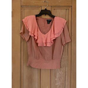 The J. Peterman Company Womens 100% Silk Ruffle Blouse Top Size 8 Pink SP NWT